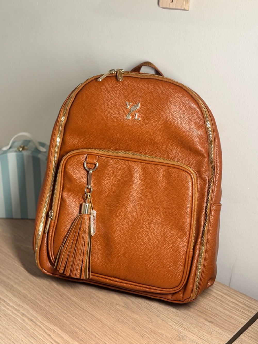 Young Living Tan Vegan Leather Backpack with Tassel Accent Essential Oil holder